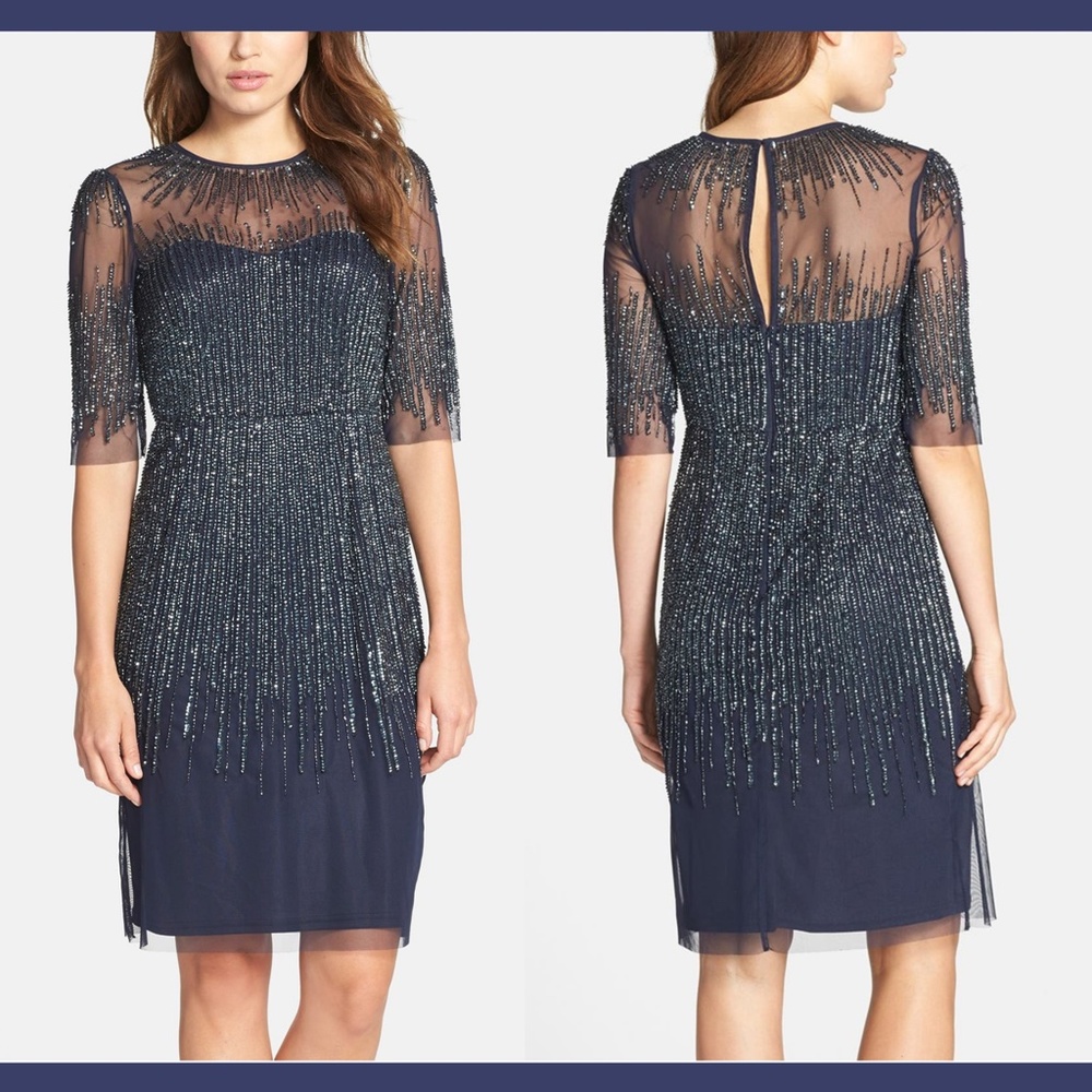 NEW Adrianna Papell Sequin Mesh Sheath Dress in Midnight Blue [SZ 2‎ ]